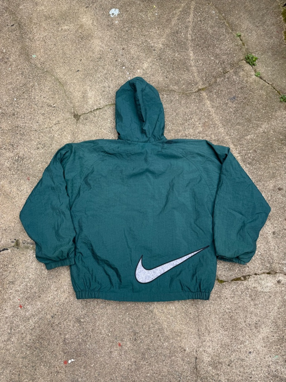 Vintage Nike Big Swoosh Jacket Green Hooded Windbreaker Quilted Lined Y2K XL